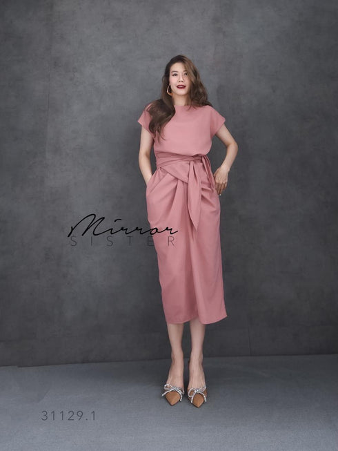 Women Classy Waist Tie Mid Length Back Slit Dresses